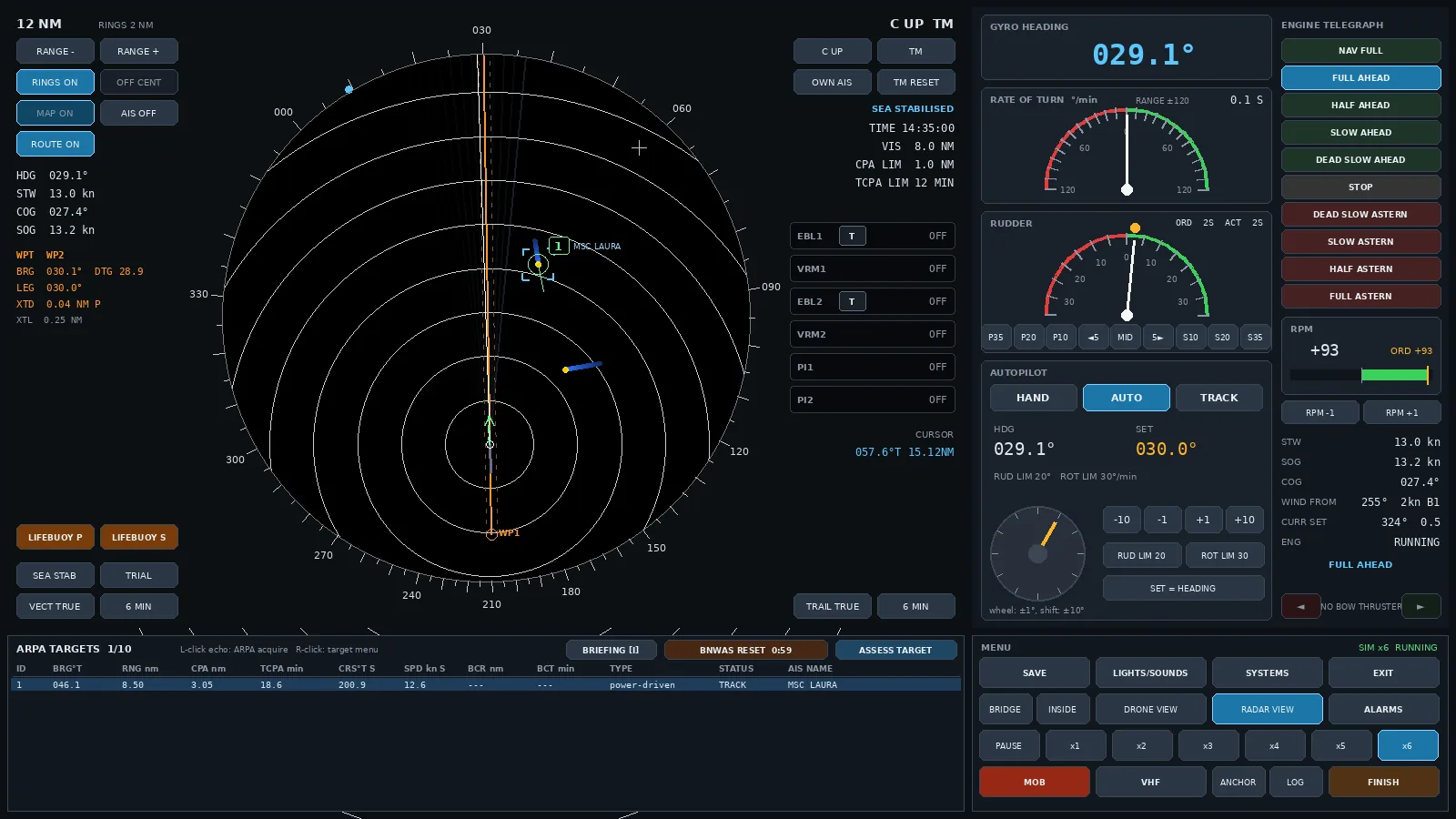 Радар и САРП (ARPA) в тренажёре OOW Simulator: цели, CPA и TCPA